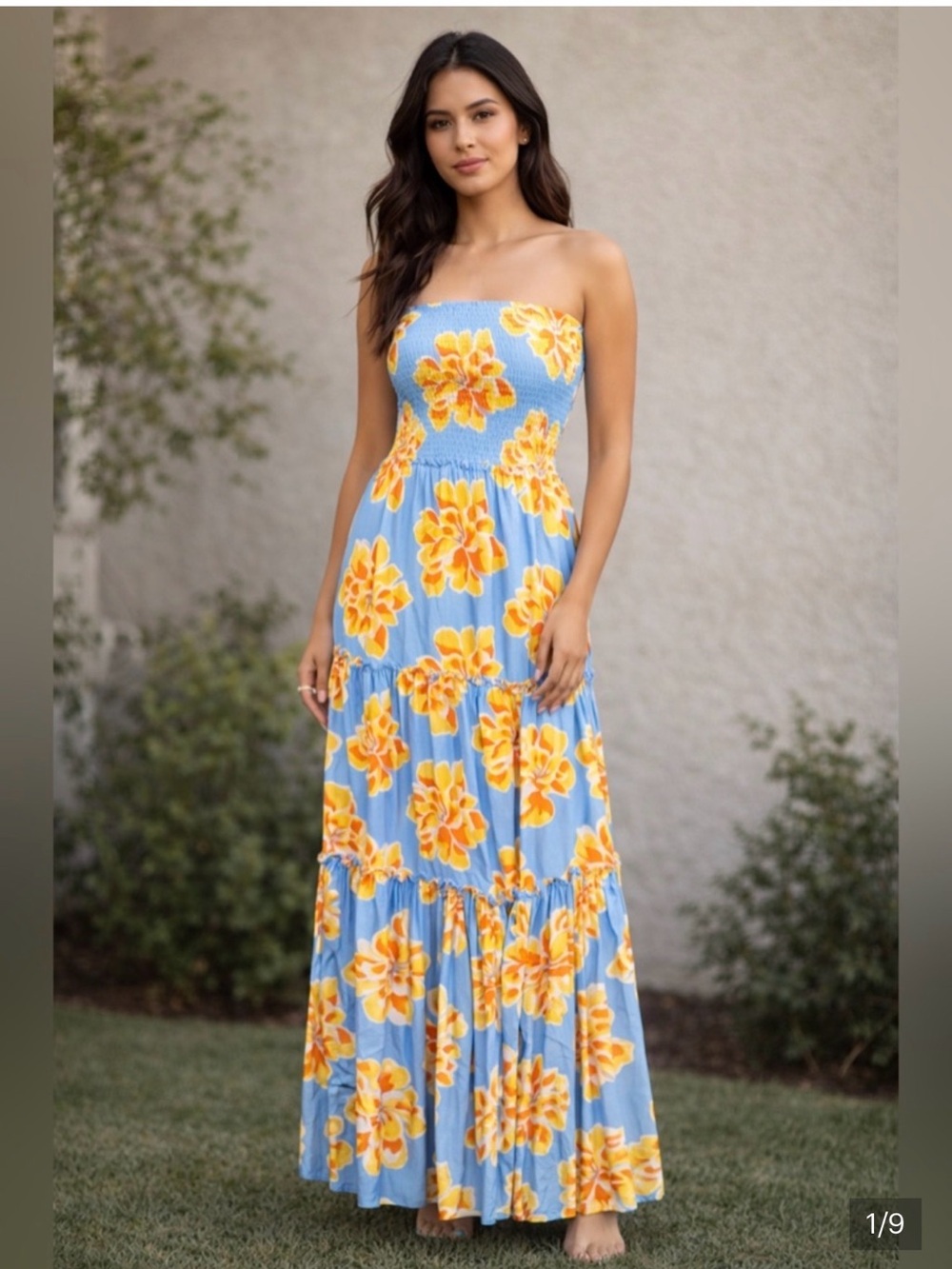 Strapless Blue Maxi Dress with Yellow Floral Print